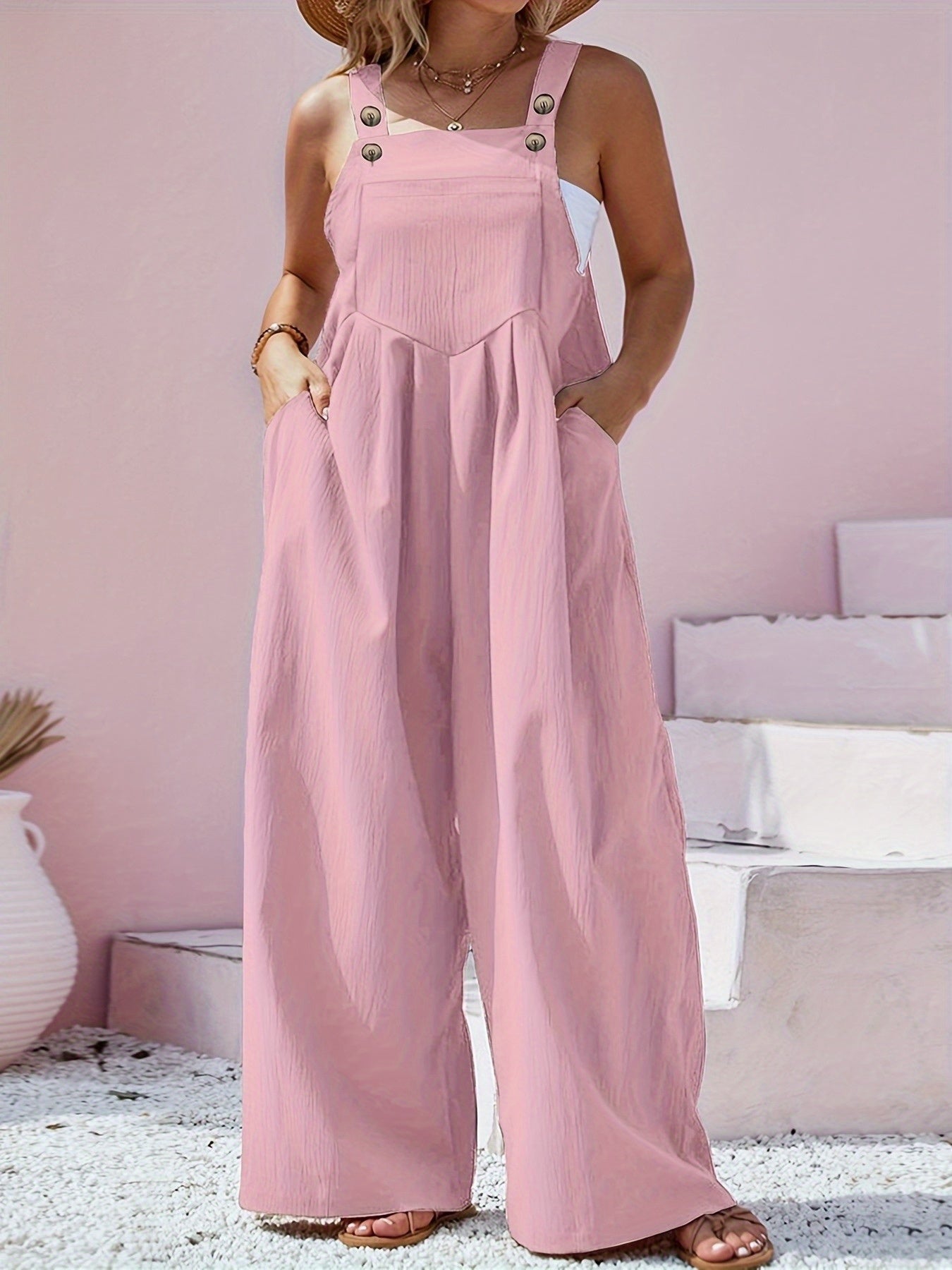 Plus Size, Curve Casual Women's Spring And Summer Button Back Tie One-piece Pants - Back Tie Button Design, Casual Black, Thin Thickness, Loose - Spring And Summer Plus Size Women's Casual Jumpsuits