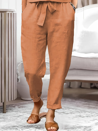 TOOLUCK Casual Solid Two-piece Set, Short Sleeve Simple Top & Tie Waist Pants Outfits, Women's Clothing