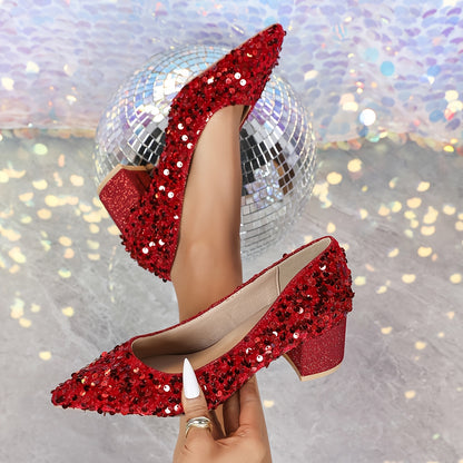 [Evening Party Wedding] Elegant High Heel Evening Party Wedding Dressy Shoes for Women, Pointed Toe, Chunky Heel, Sequin Embellishments Women Heels Red Shoes, Women Shoes