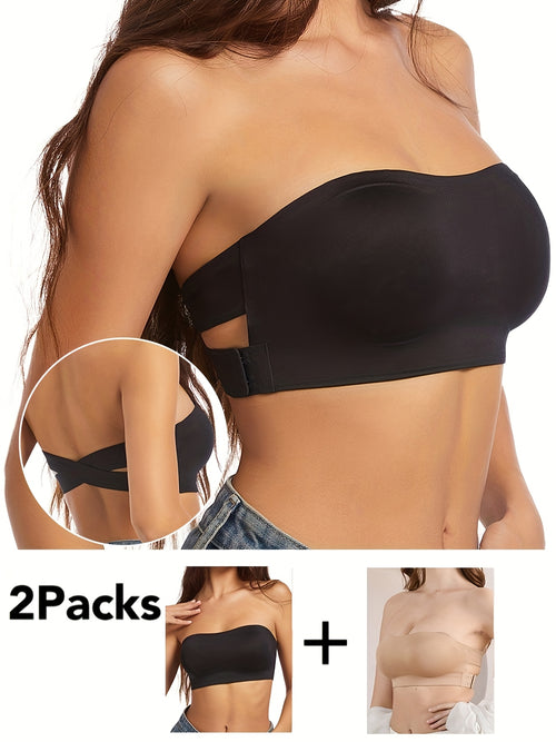 [Wireless Strapless Bra] 2pcs Wireless Strapless Bandeau Bra with Removable Pads, Sexy Cross Strap Detail, Nylon, Stretchy, Invisible Trace Solid Color