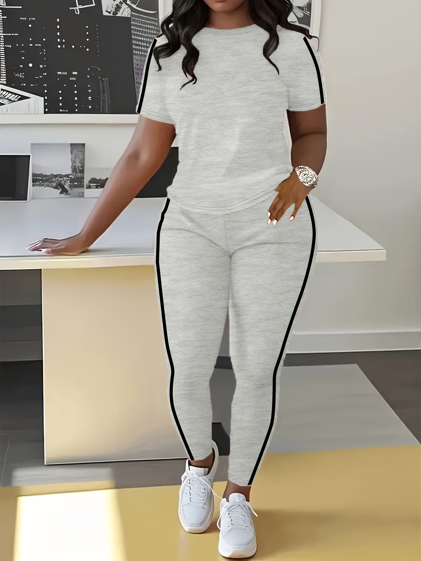 Women's Two-piece Casual swear Striped Edge Short Sleeved Round Neck Pullover, Slim Fit Striped Edge Pants Set, s Suit