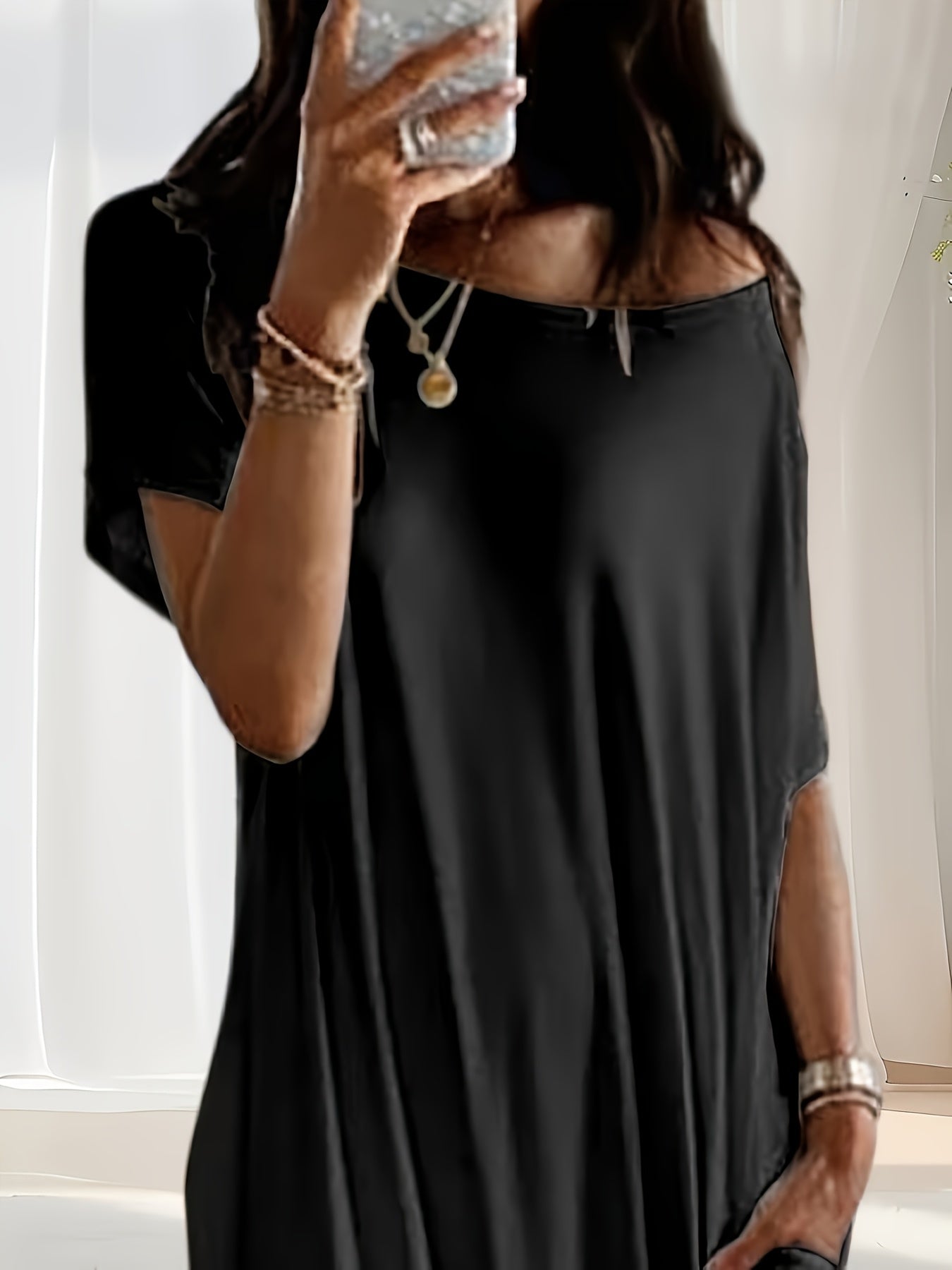 Autumn Winter 1pc Women'S Solid Color Batwing Sleeve Casual Dress, Daily Wear Casual Elegant Comfortable Short Sleeve Loose Pajamas, Four Seasons Women'S Pajamas, Women'S Clothing, Women'S Pajamas- Overseas Printing