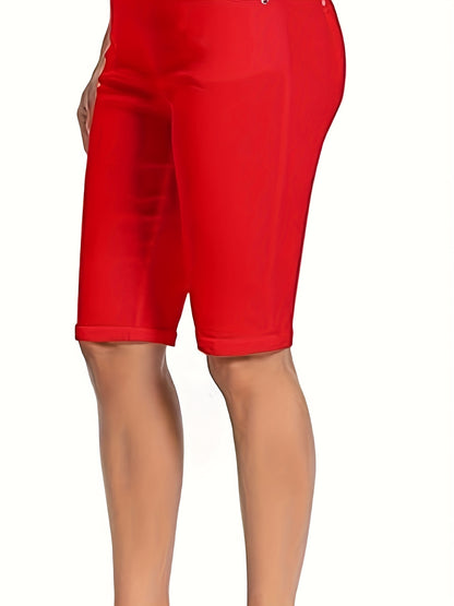 Women's Stretchy Pull On Bermuda Shorts High Waist Office to Vacation Pants, Non See Through Fabric, Machine Washable with 5 Pockets & Cuffed Hem for Everyday, Formal Events Elegant Casual All Season Shorts