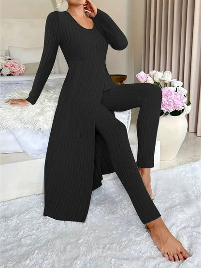 Women'S Heavyweight Fleece Two-Piece Set - Oversized Long Sleeve Lounge Outfit with Wide-Leg Pants, Cozy Winter Warmth, Soft Ribbed Texture & Minimalist Design for Home, Office, Casual Outings - Fall Winter Clothing (No Transparency