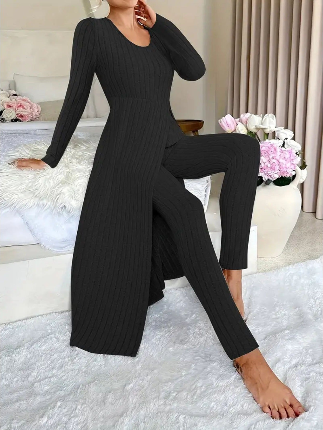 Women'S Heavyweight Fleece Two-Piece Set - Oversized Long Sleeve Lounge Outfit with Wide-Leg Pants, Cozy Winter Warmth, Soft Ribbed Texture & Minimalist Design for Home, Office, Casual Outings - Fall Winter Clothing (No Transparency