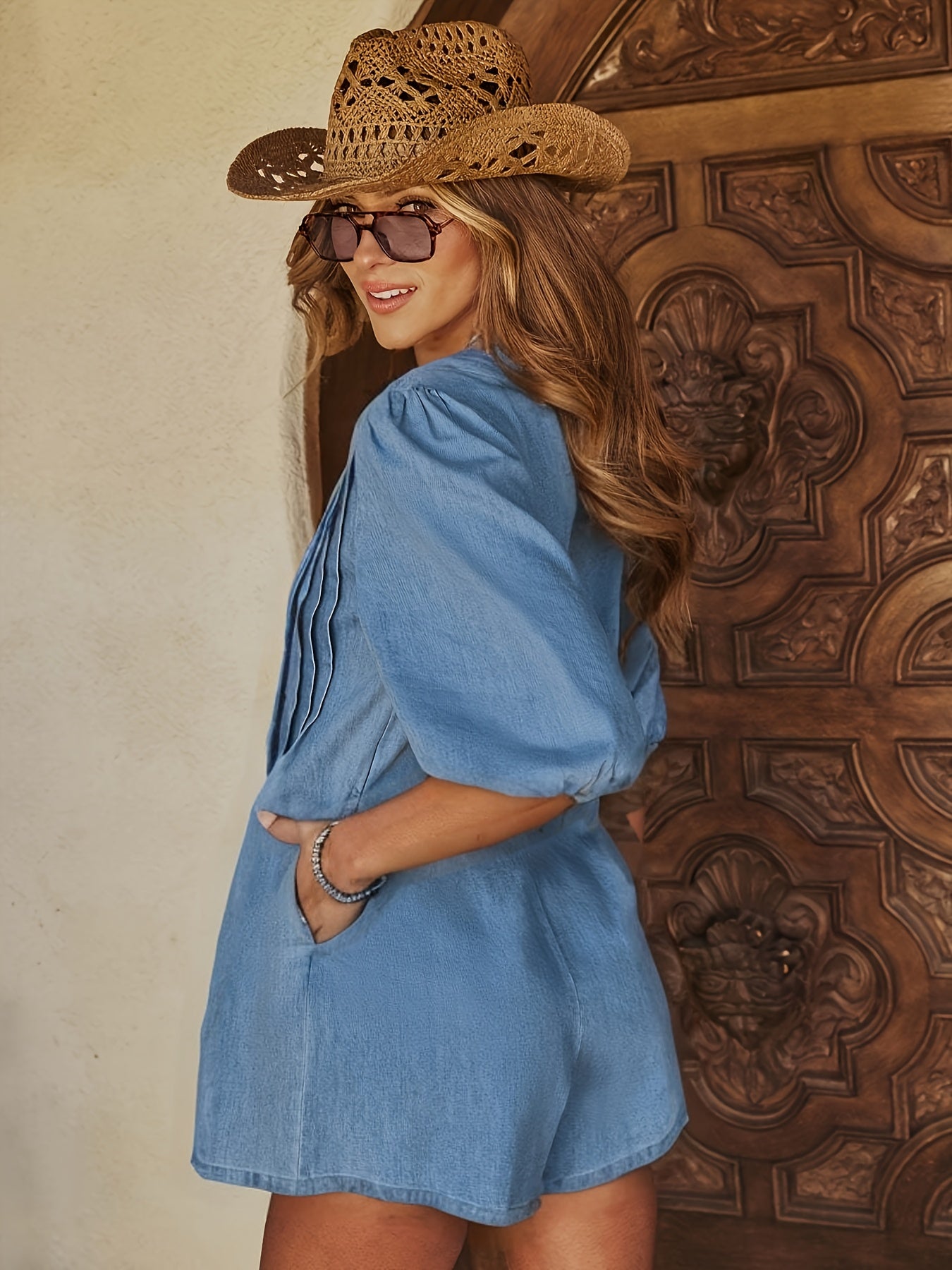 Front Tie Denim Romper, Double Front Tie, Fashionable Elastic Cuffs, Unique Design Loose Fit Jumpsuit, Comfortable and Elegant, Effortlessly Chic, Perfect for Festivals and Dates