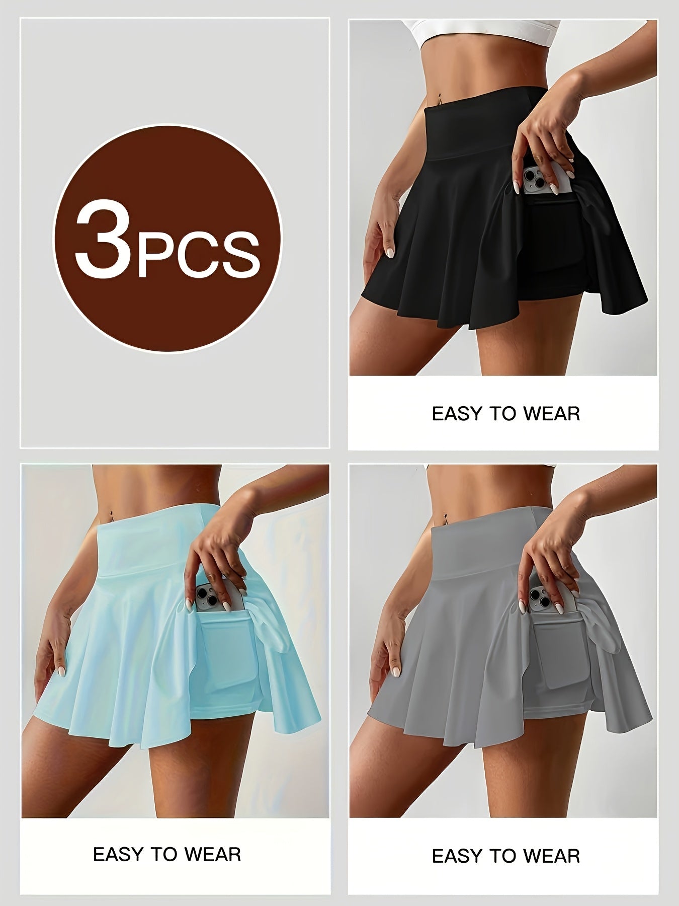 3pcs Women's Athletic Pleated Skirts with Pockets- High Waist, Stretchy Polyester Tennis& Yoga Skort, Machine Washable, Black/White/Gray, Side Tie Detail, Comfort Fit for Lifestyle, Tennis Skirt