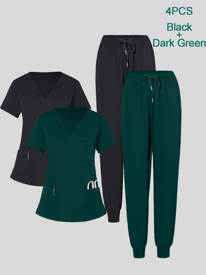 4pcs Set for Women's V-neck Matte Breathable Sports Uniform Pocket Hand Washing Work Clothes Brush Hand Clothes Tying Feet Pants Set