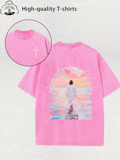 Women'S Trendy Printed Retro Washed T-Shirt - 230G Thick, Retro Street Style Crew Neck Short Sleeve, Machine Washable, Perfect for Spring/Summer Casual Wear, Unique Loose Fit Women'S T-Shirt