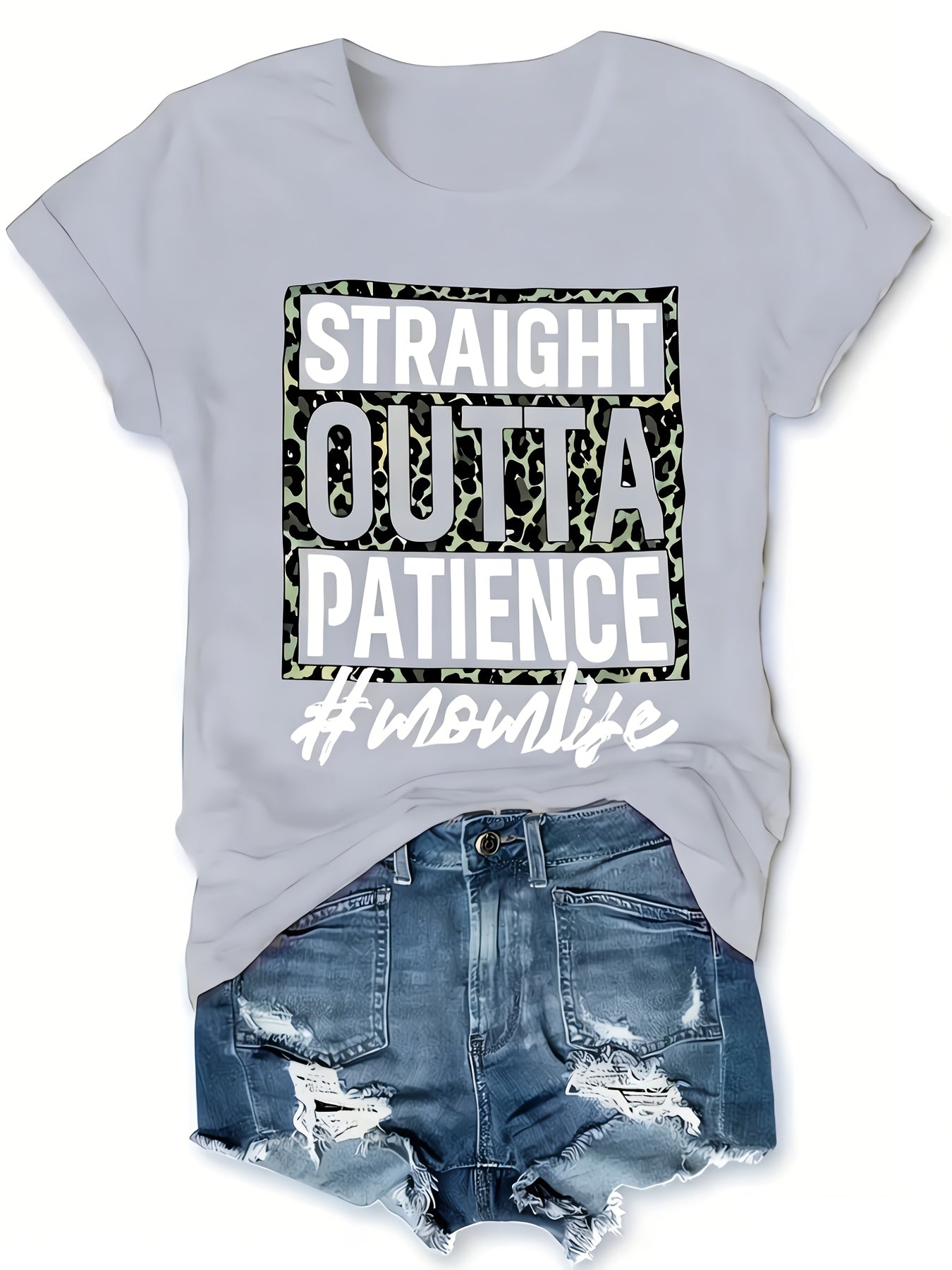 Women'S Casual T-Shirt, Printed with "Patience is Worn Out" Letter Pattern, Short Sleeve Round Neck Design, Suitable for All Seasons, Fabric, Fiber, - Fashionable and Comfortable Clothing
