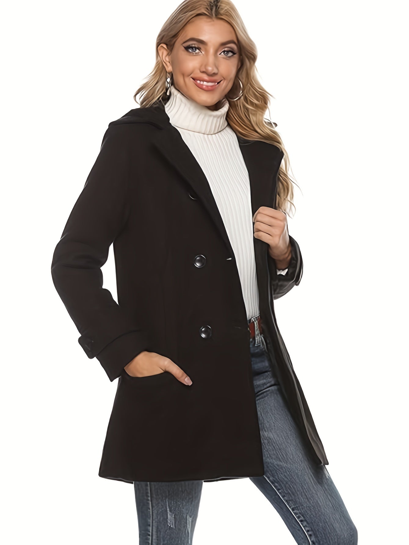 Women'S Cozy Double-Breasted Wool Peacoat Trench Jacket with Hood