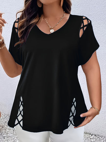 Plus Size Women'S Loose-Fitting Short-Sleeve V-Neck Tee - Stylish V-Neck Style Featuring Open Cross Elements. Perfect for Both Casual And Formal Settings During Spring And Summer, Making It Great for Everyday Wear And Special Events