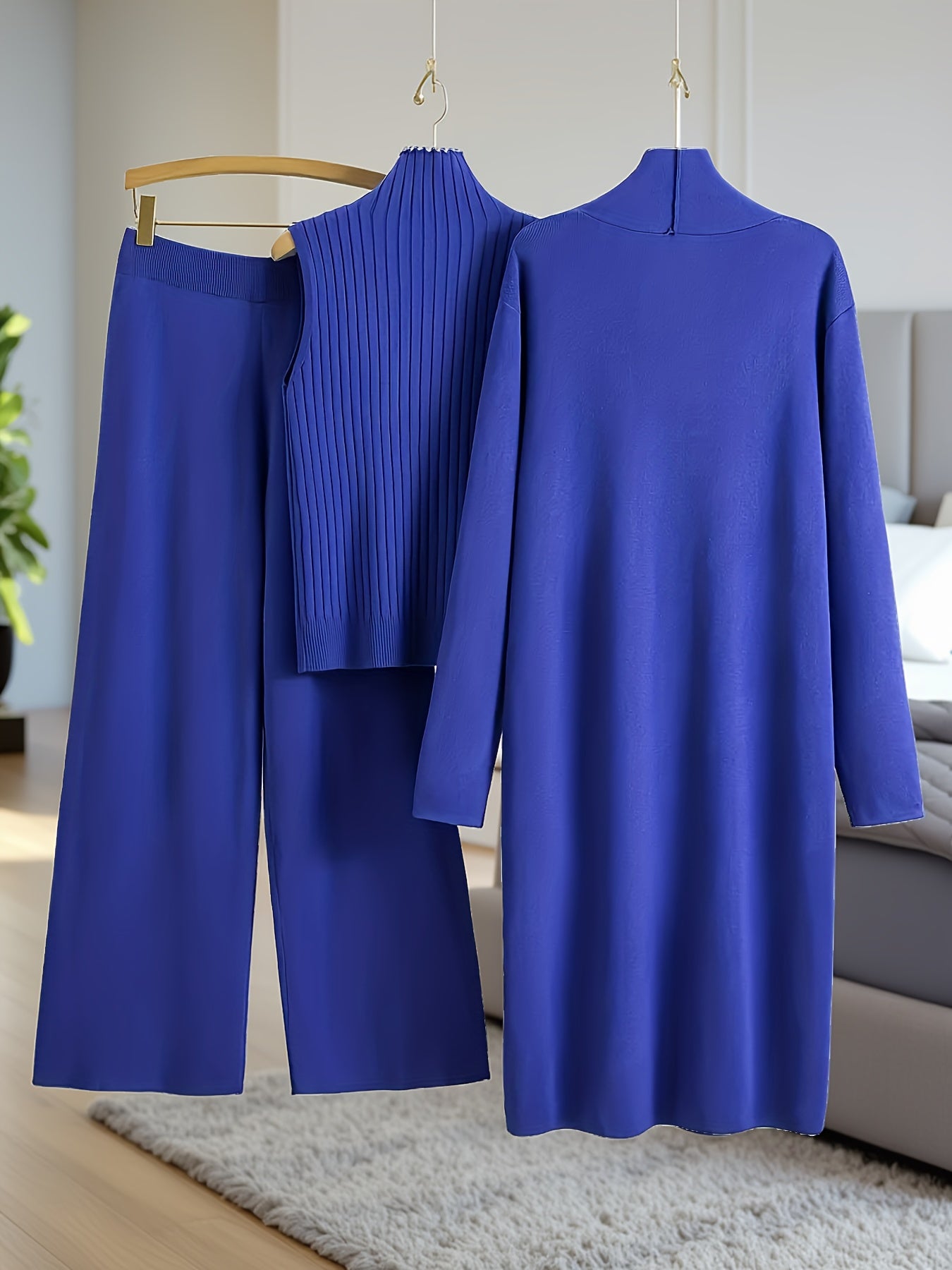 New Autumn And Winter Women'S Loose Set, Including Long Wide-Leg Pants, a Shawl Cardigan, And a High-Neck Vest Sweater, a Fashionable Three-Piece Set