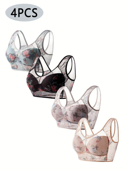 (4pcs Mixed Color Pack) Lace Mesh Bra, Comfortable And Breathable Full Coverage Bra, Women'S Underwear And Lingerie