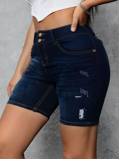 Women's Stretch Denim Shorts - Slim Fit Double-Button Ripped Knee Casual Summer Shorts, Machine Washable Mid-Stretch Comfort for Spring/Summer Outfits, Spring Fashion, Durable Fabric