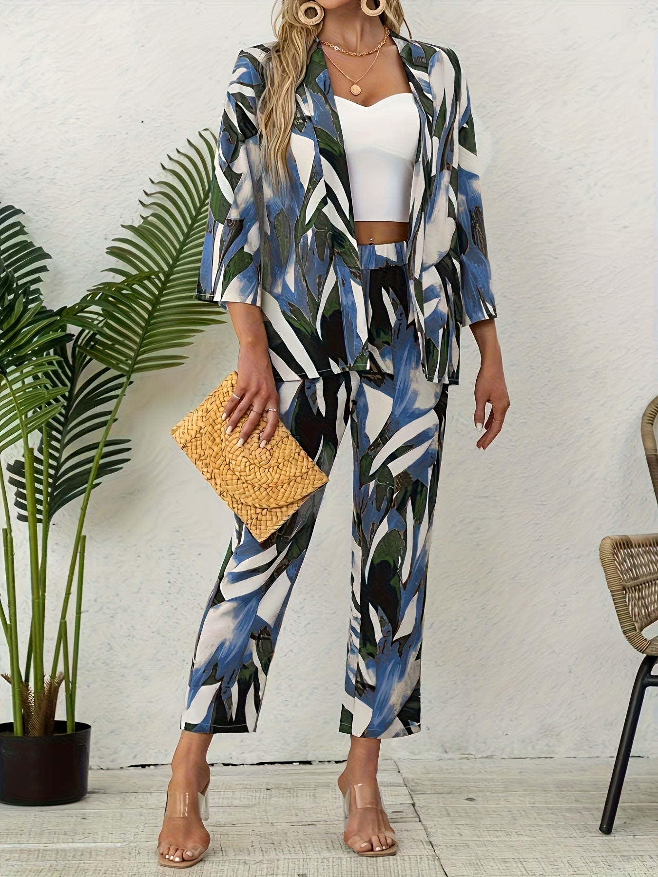 [ Cloud Orientation ] Women'S Elegant Leaf Print Two Piece Set