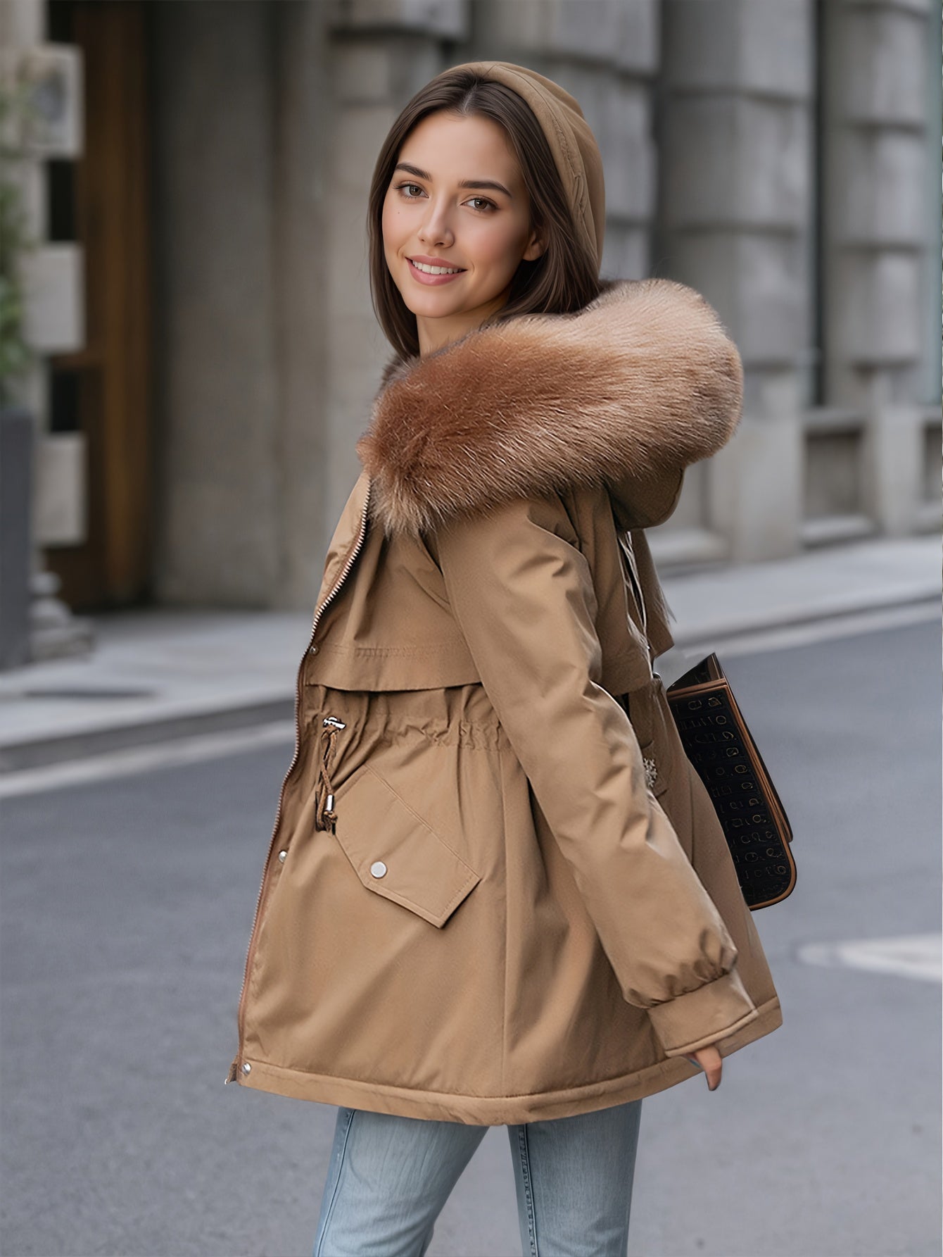 Women'S Winter Fleece-Lined Hooded Jacket with Casual Everyday Commuter Jacket, Stylish And Versatile for Any Look. Drawstring Waist for a Tailored Fit, with a Detachable