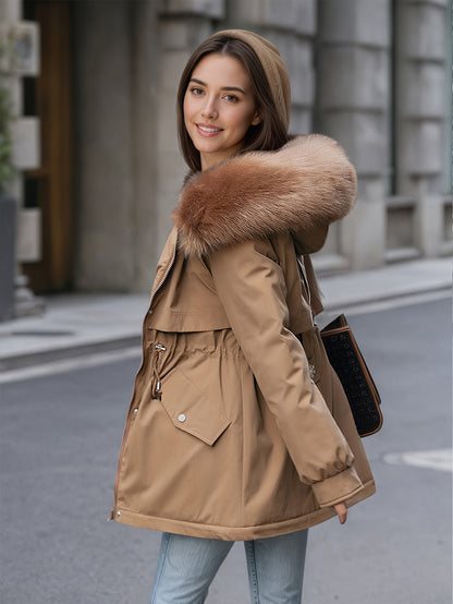 Women'S Winter Fleece-Lined Hooded Jacket with Casual Everyday Commuter Jacket, Stylish And Versatile for Any Look. Drawstring Waist for a Tailored Fit, with a Detachable