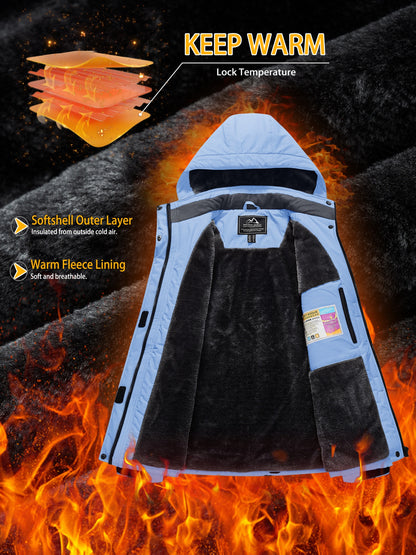 Winter Jacket for Women - Women's Ski Snowboard Jacket Thermal Fleece High Quality Insulated Snow Jacket Casual Work Jacket Outdoor Sports Coat Windbreaker Parka 4 Pockets Camping Snow Jacket Windproof Hood Warm Winter Hiking Fleece Lined Jacket