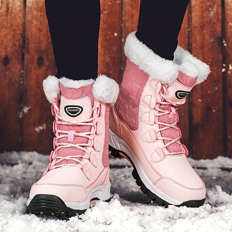 Ladies' High Top Outdoor Snow Boots, Non Slip And Warm Boots With Thick Fleece, Suitable For Outdoor Travel, Rubber Sole, Synthetic Leather Material