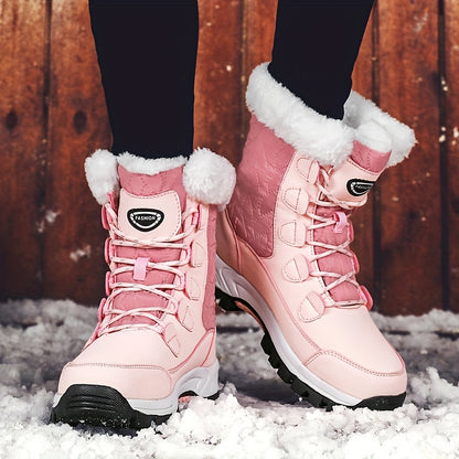Ladies' High Top Outdoor Snow Boots, Non Slip And Warm Boots With Thick Fleece, Suitable For Outdoor Travel, Rubber Sole, Synthetic Leather Material
