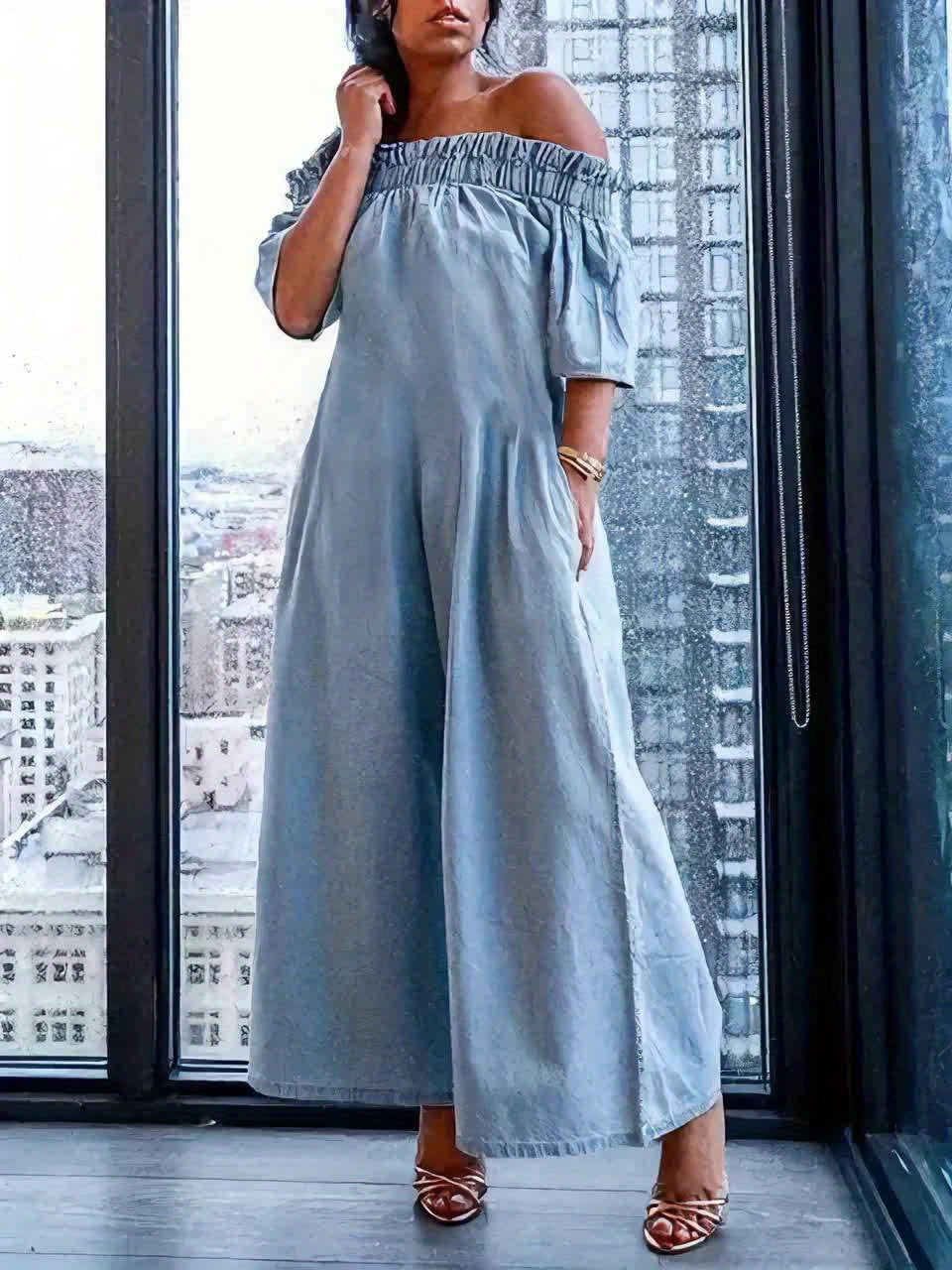 Women'S Spring/Summer 2025 New Loose Short Sleeves Pleated Solid Color Split-Joint Stretch; Elastic Off-The-Shoulder Jumpsuits