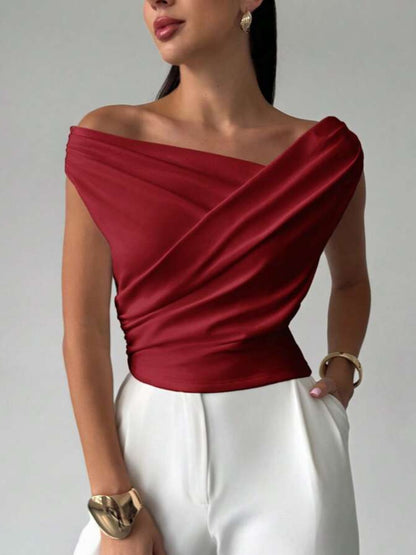 Summer Solid Color Sleeveless T-Shirt, Simple Style, Off-Shoulder, Slim Fit, Sleeveless Short Top