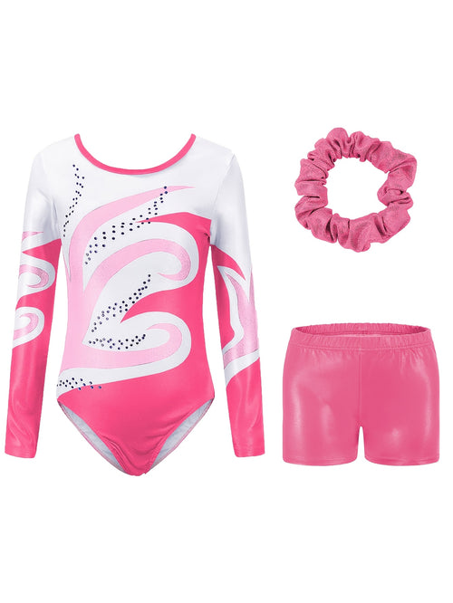 Girls' 3pcs Gymnastics Leotard Set with Geometric Pattern, Long Sleeve Bodysuit & Matching Shorts - Includes Hairband, Stretchy & Breathable Fabric for Dance Training, Perfect for Outdoor, All Seasons, Gift for Back-to-School Season