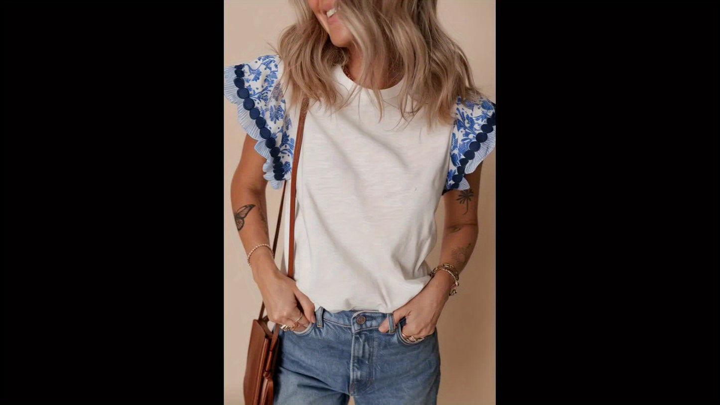 Blue Ricrac Trim Printed Flutter Sleeve Contrast Patchwork Blouse