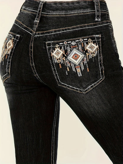 Women's Vintage Embroidered Geometric Detail Mid-Rise Stretch Flared Jeans - High Elasticity Machine-Washable Denim Pants for All-Season Comfort
