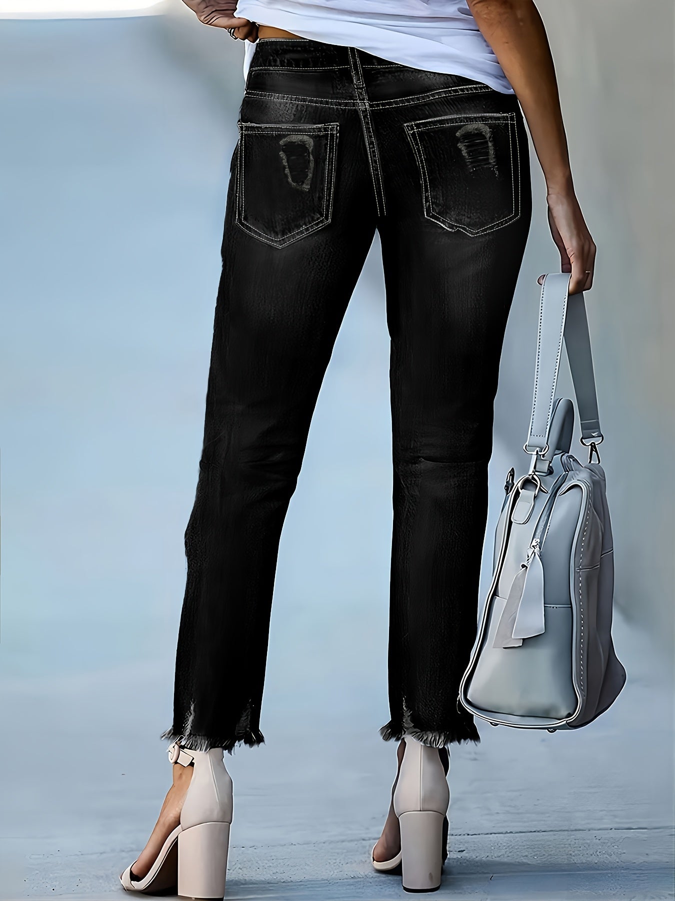 Plus Size Women's Blue Distressed Washed Denim Jeans | Multiple Rips & Destroyed Hem | Slim Fit, Unique Design | Versatile Stylish Style for All-Season Commuting