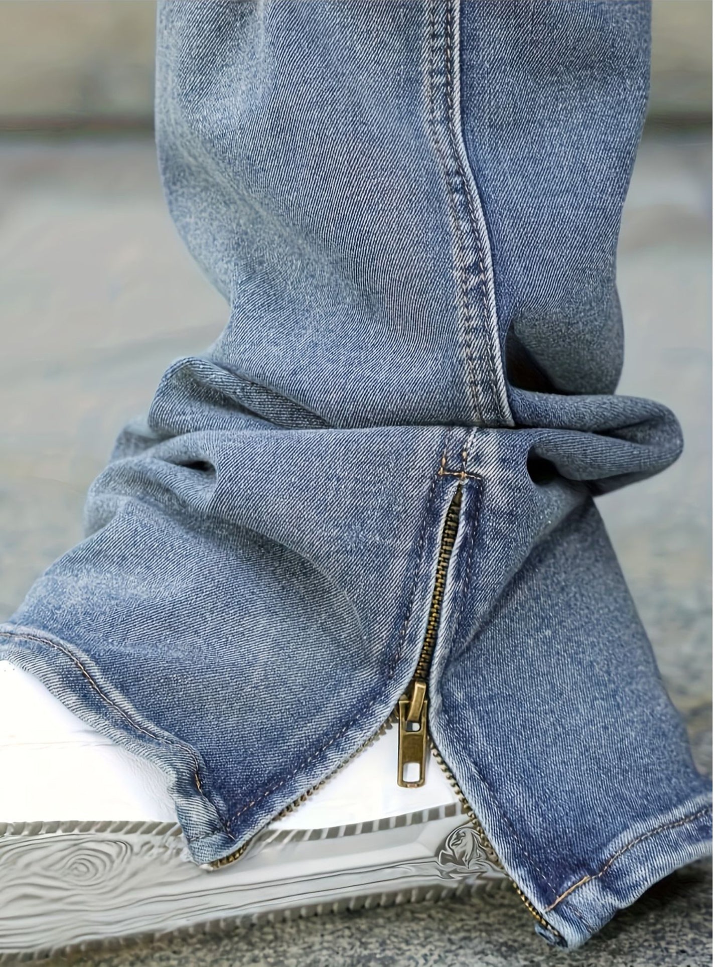 Men's Straight-leg Distressed Jeans- Mid-rise, Stretch Blend, Leg Zipper Design, Street Style, Ripped Details, Comfortable and Versatile, Suitable Trendy Outfits, Stylish Long Pants Slim-fit Jeans Durable Fabric