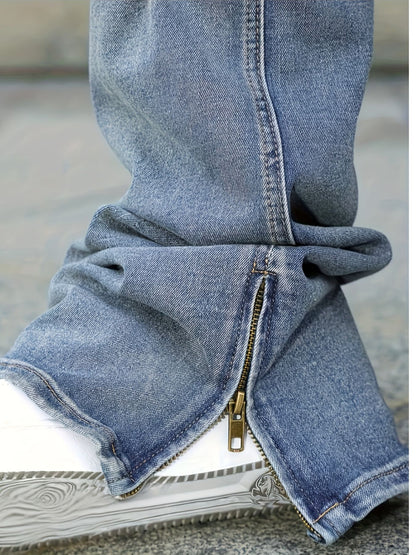 Men's Straight-leg Distressed Jeans- Mid-rise, Stretch Blend, Leg Zipper Design, Street Style, Ripped Details, Comfortable and Versatile, Suitable Trendy Outfits, Stylish Long Pants Slim-fit Jeans Durable Fabric