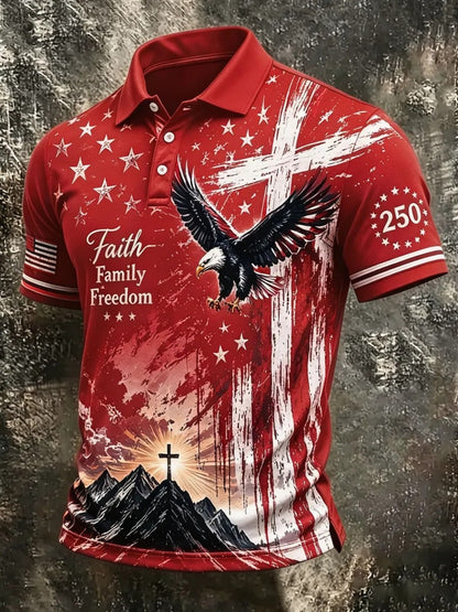 Men'S Christian Patriotic Polo Shirt Full Print Bald Eagle & Mountain Cross Sunrise, Faith Family Freedom Text, Vintage USA Flag, 250Th Surrounding Star Sleeve Patch Sport Golf Tee