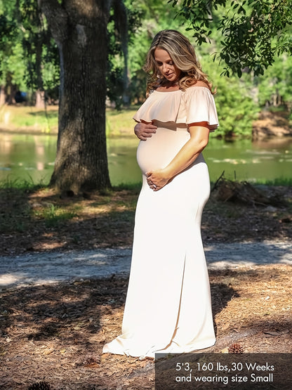 Womens Off Shoulder Maternity Dress Ruffles Elegant Slim Gowns Fit Maxi Photography Dress