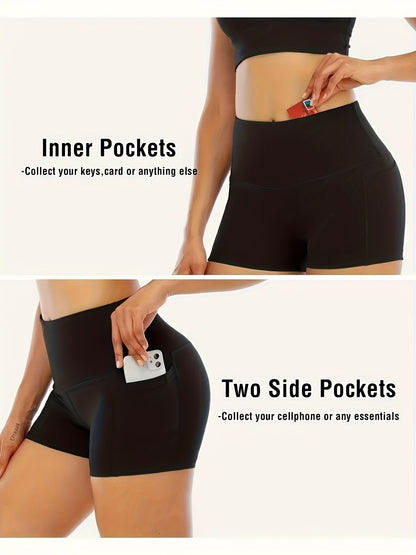 Set of 3 High-Waisted Sports Shorts for Women, Ideal for Yoga, Fitness, And Running, Featuring Pockets
