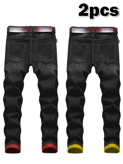 2pcs Men's Slim Fit Distressed Ripped Jeans | Classic Stretch Denim Pants, Trendy Casual Versatile Outfits