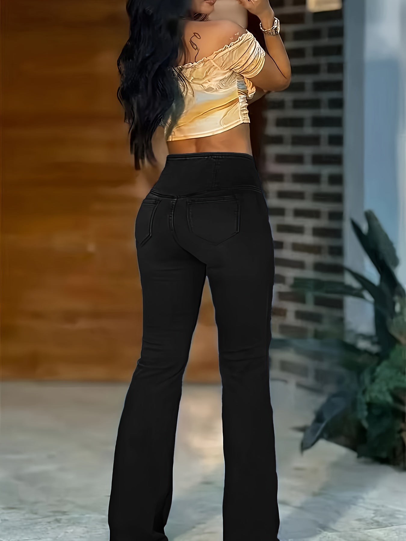 Women's High-Waisted Stretch Jeans - Wide-Leg Bell-Bottom Flared Pants with Cross-Waist , -Like Rayon//Spandex (75/23/2%), All-Season Casual to Dressy Wear, Wrinkle-Resistant Trousers