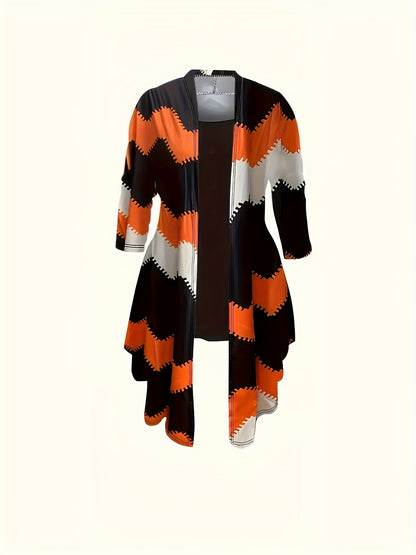 [Printed Cardigan Set] Women's 3pcs Set, Printed Cardigan Jacket Paired with Solid Color Casual Pants Vest Daily Set