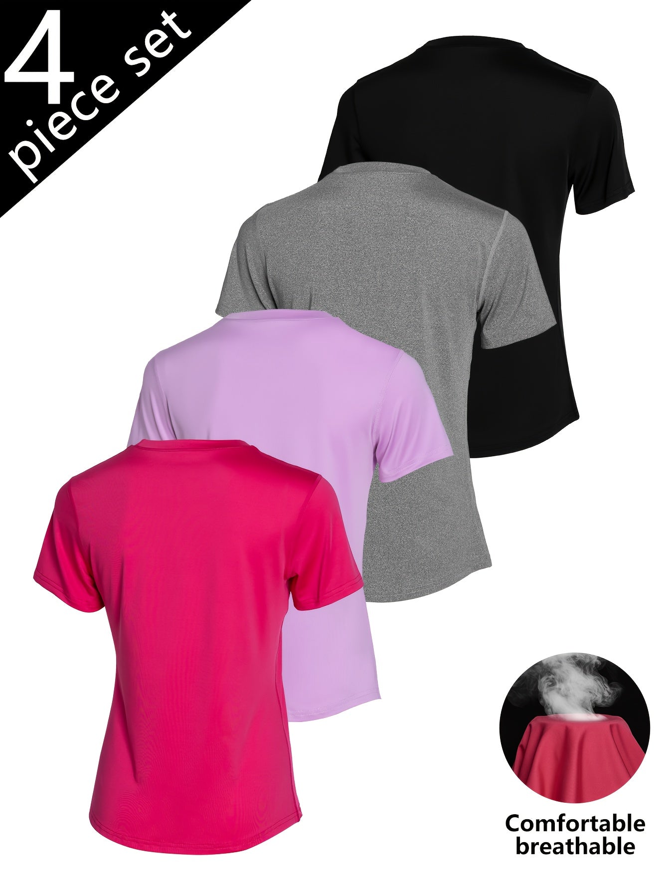 4pcs Solid Sports Tee Round Neck Slim Stretchy Ideal for Yoga Gym Workouts Women'S Athletic Wear Sporty Style Clothes Gym Shirts Workout Tops Oversized Gym Shirts Fitness Outfit, Summerwins
