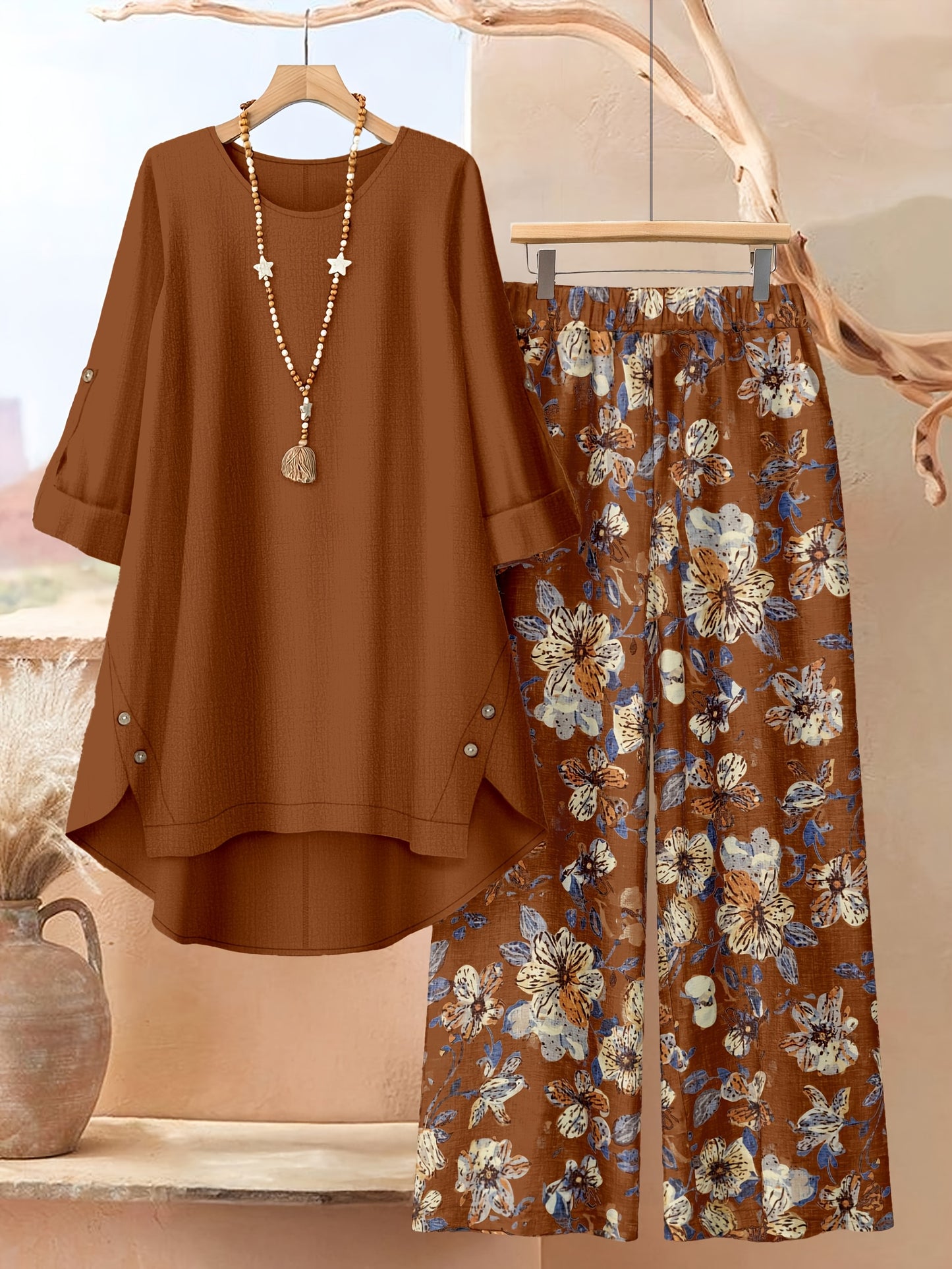 Plus Size, Plus Size - Plus Size - A Stylish 2pcs Ensemble Featuring Oversized Asymmetrical Button-Up Tops for Women, Matched with Printed Wide-Leg Trousers, Radiating Everyday Sophistication