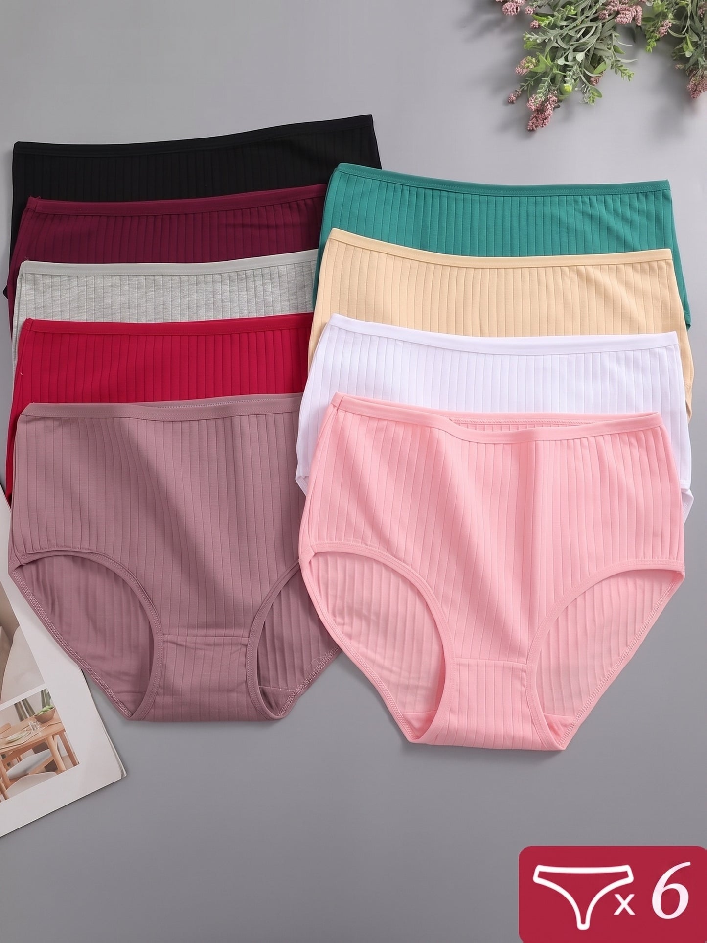 6pcs Ribbed Underwear for Women, Soft And Breathable High-waisted Triangle Pants, Random 6pcs In Multiple Colors