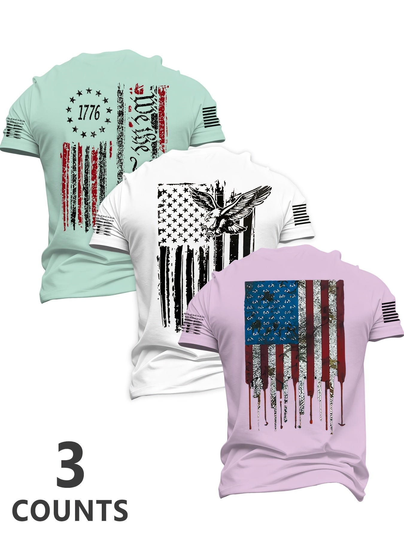 Men'S 3pcs 4Th of July American Patriotic Flag Eagle Short Sleeve T-Shirt Set, All-Black Vintage Print Design, 250 American Celebration Items-Inspired, Featuring 1776 Betsy Ross Flag, Declaration of Independence, Bald Eagle & American Flag Elements