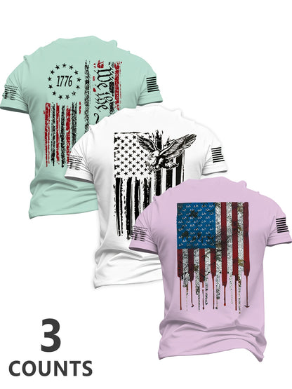 Men'S 3pcs 4Th of July American Patriotic Flag Eagle Short Sleeve T-Shirt Set, All-Black Vintage Print Design, 250 American Celebration Items-Inspired, Featuring 1776 Betsy Ross Flag, Declaration of Independence, Bald Eagle & American Flag Elements