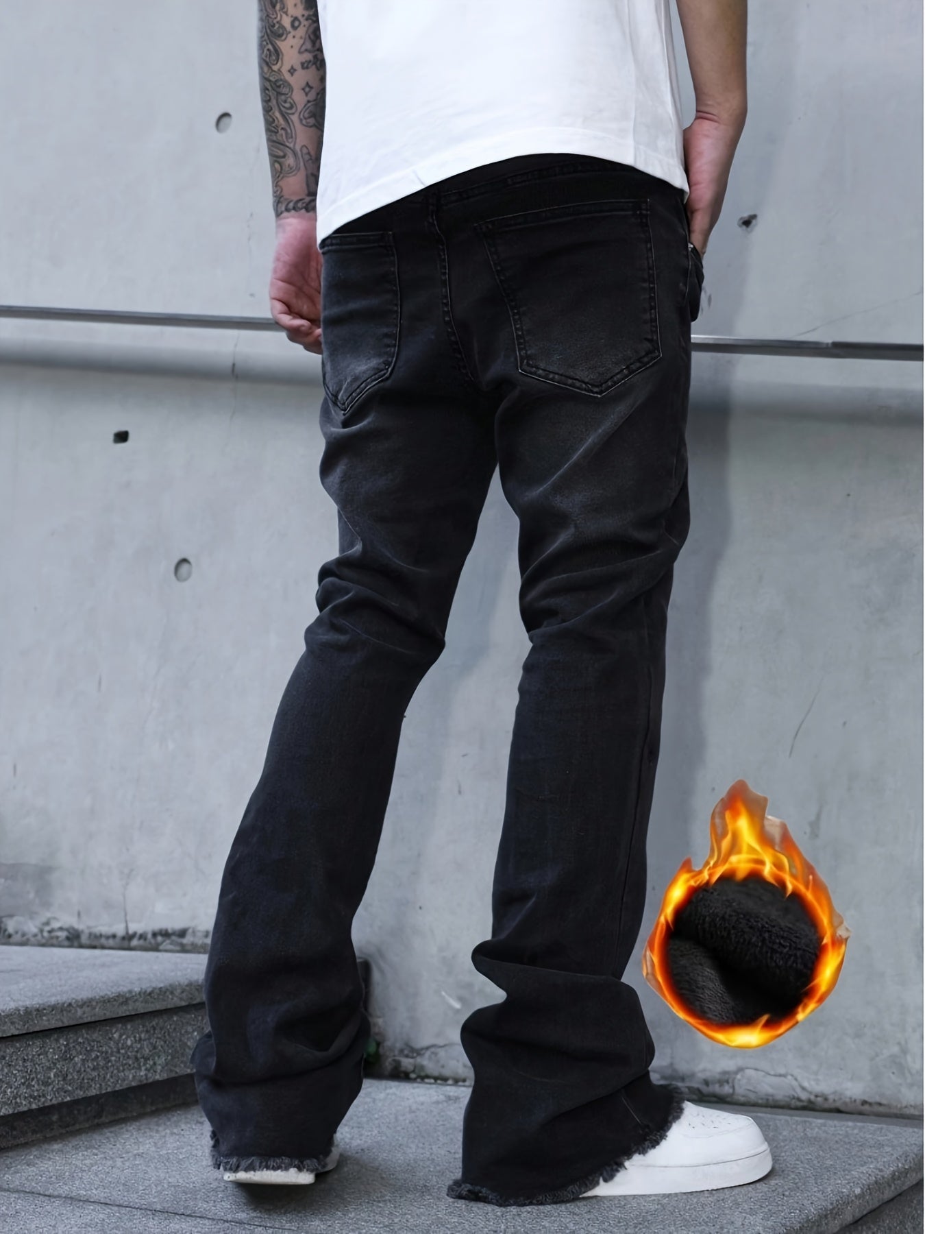 [HME] New Thickened Men'S Jeans for Autumn And Winter, with Inner Fleece for Strong Warmth Retention, Mid-Waist Elastic And Form-Fitting Flared Pants, Retro Washed And Naturally Polished White, Fashionable Men'S Denim Trousers for Warm Winter Wear