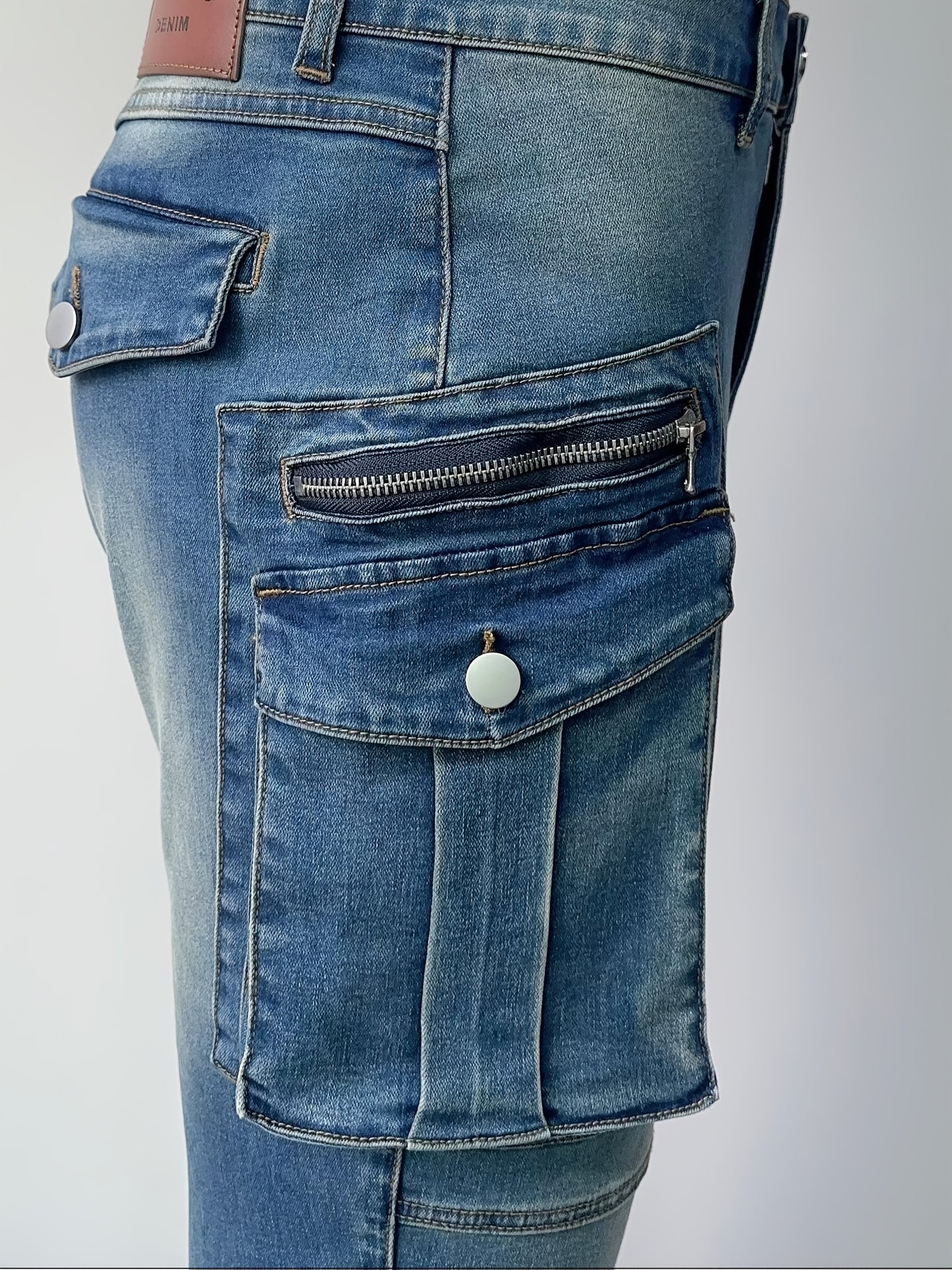 Men'S Wear-resistant Zipper Large Pocket Motorcycle Cycling Pants Vintage Washed Elastic Jeans