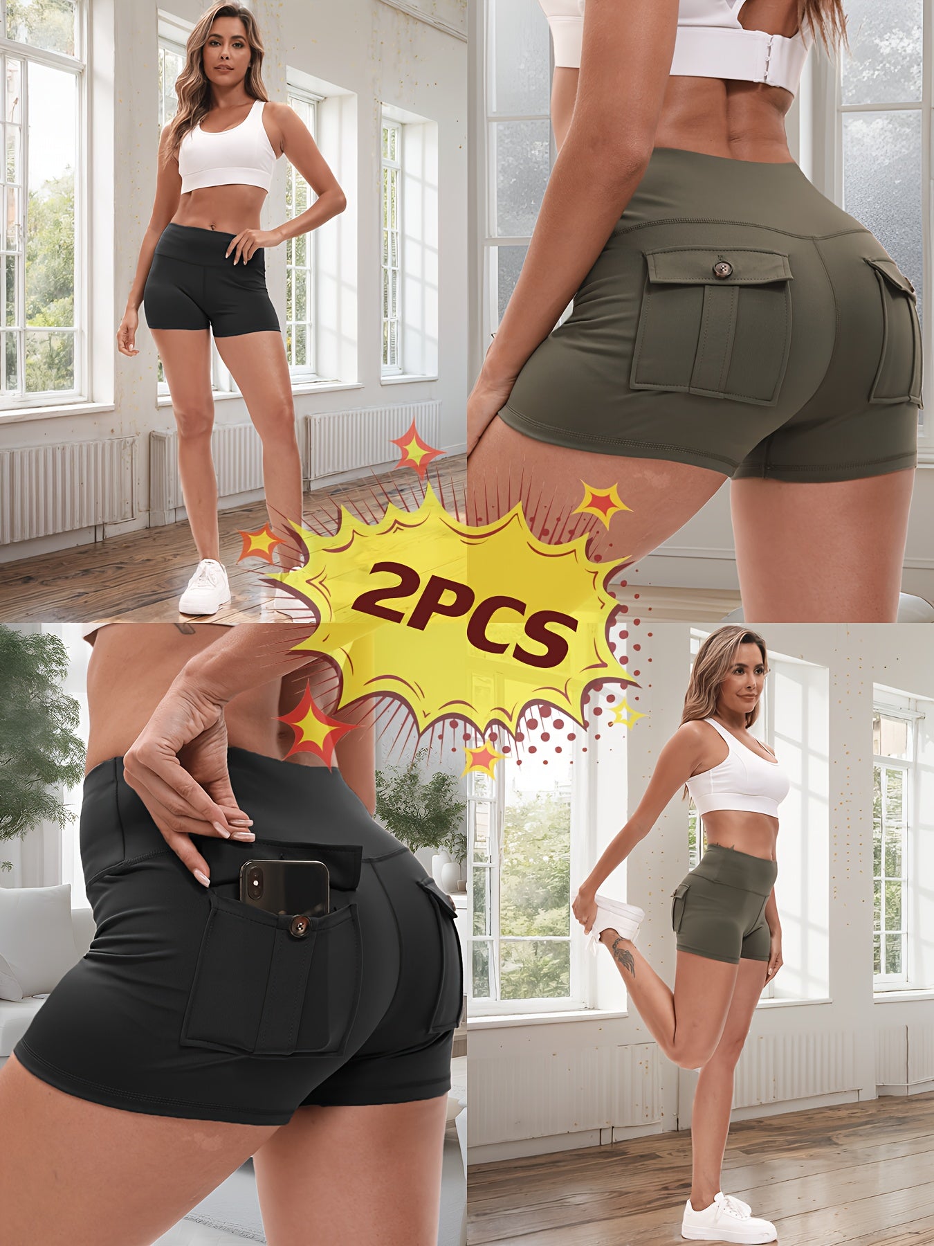 2pcs High Stretch Elastic Waist Cargo Shorts - Women's Shaping, Hip Lifting, Quick-Drying Fitness Pants with 2 Pockets, Solid Color Short Pants Set, Track Shorts Set