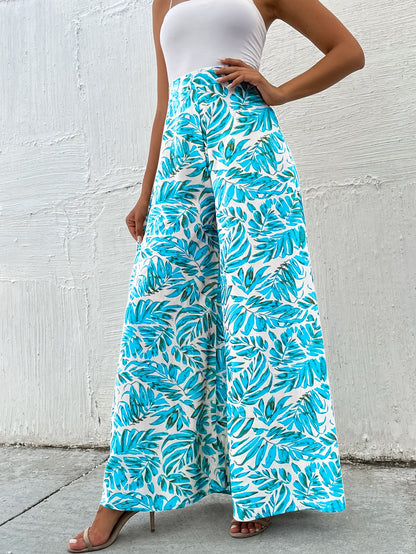 Women's High Waist Leaf Print Wide Leg Palazzo Pants - Super Long Flowy Bohemian Style, Machine Washable Non-Stretch Fabric for Spring & Autumn Casual Wear, Autumn Apparel, Lightweight Design