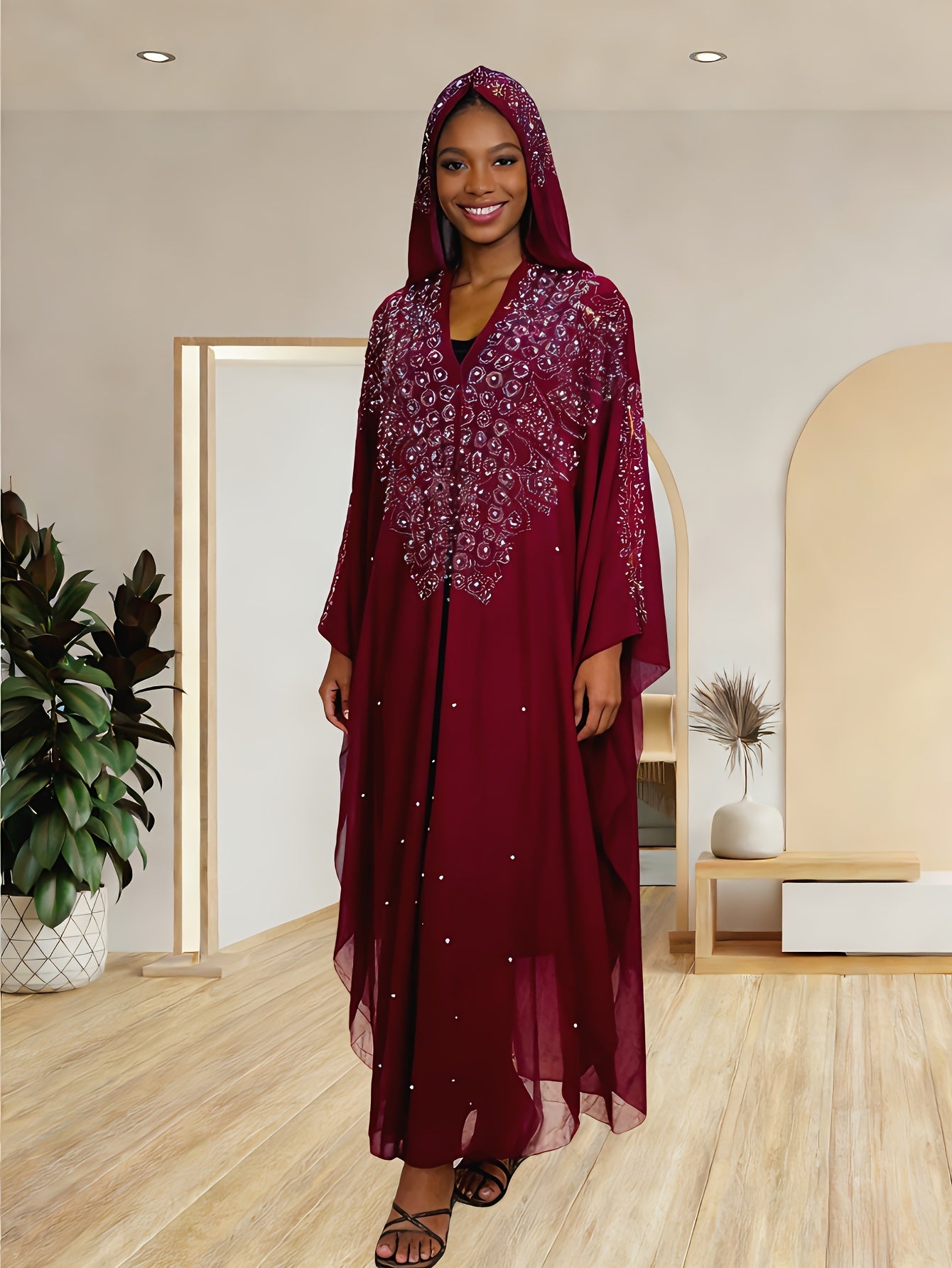 Chic Shawl Adorned with Sequins And Rhinestones for Spring - Features a Relaxed Fit, Long Sleeves, Tassel Details, And Golden Accents, Ideal for Fashion in The Middle East And Southeast Asia, a Dazzling Outfit