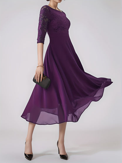 Elegant Navy Blue Lace-Trimmed Chiffon Evening Gown with Short Sleeves And Flowing Skirt, Perfect for Formal Events And Parties, Formal Evening Gown